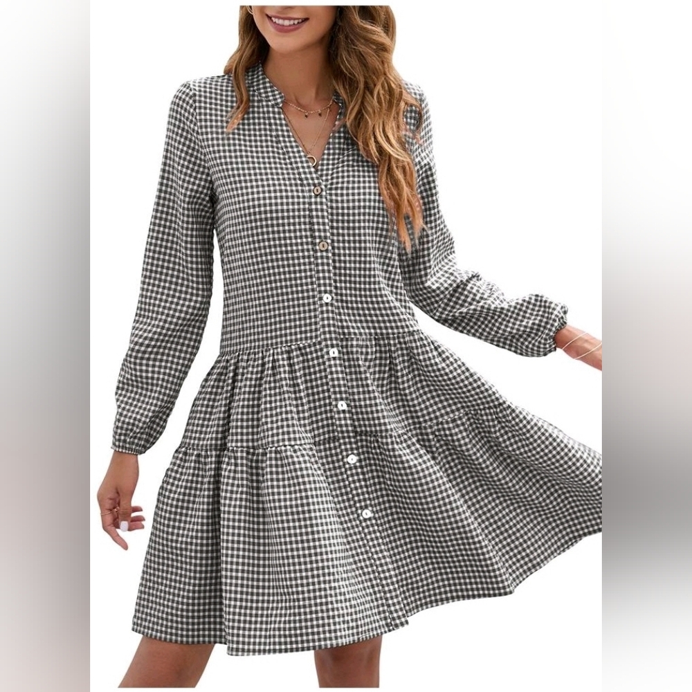 NWT! Women Large dark green white gingham plaid long sleeve pleated button dress